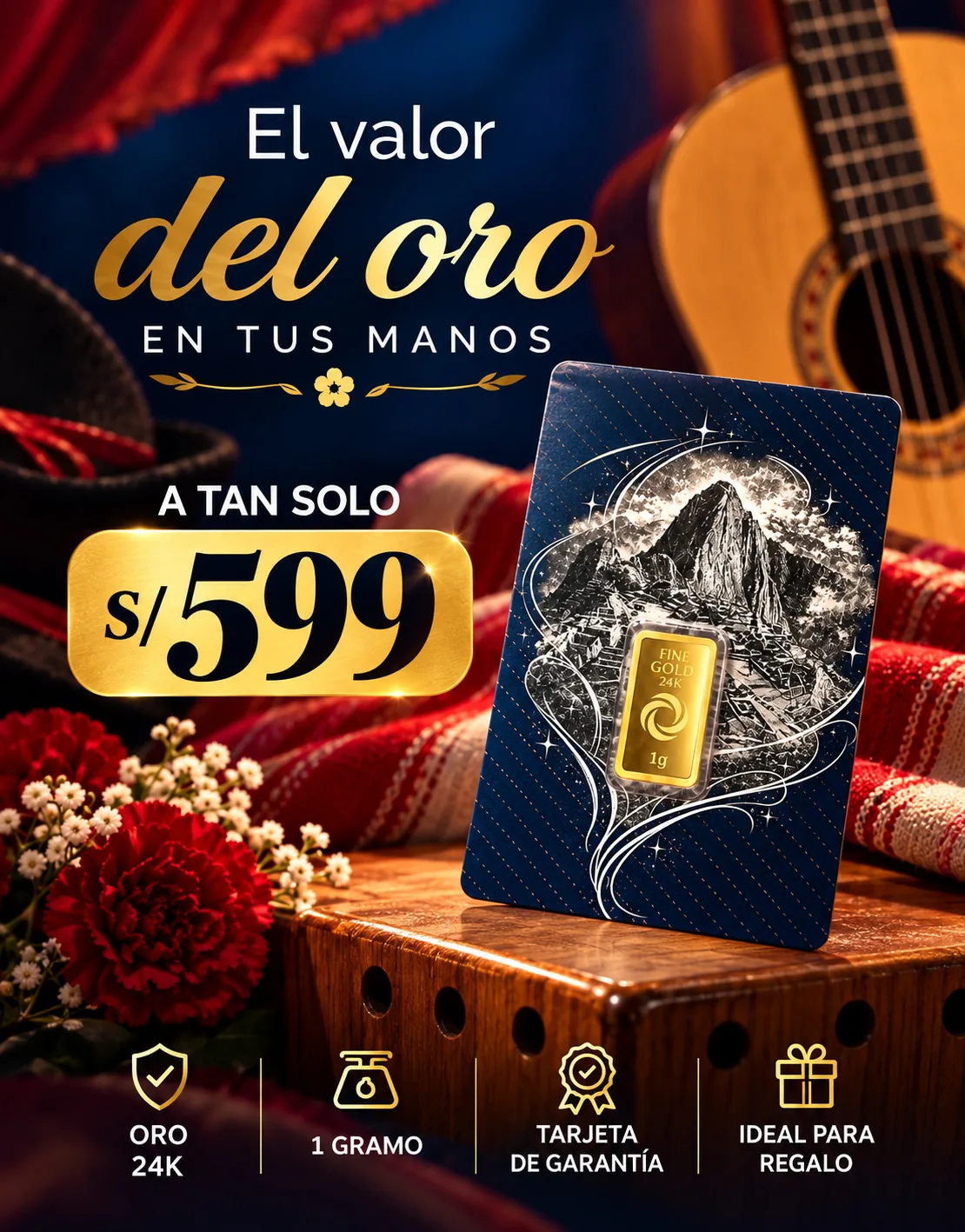 El valor del oro en tus manos: lingote de oro 24k de 1 gramo con tarjeta de garantía, a S/599