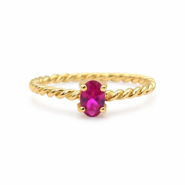 Anillo de oro para mujer 18k diseño entorchado con 1 circón rojo