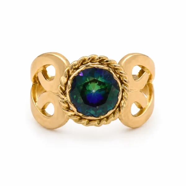 Anillo de oro para mujer 18k diseño calado corazones con 1 circón tornasol entorchado