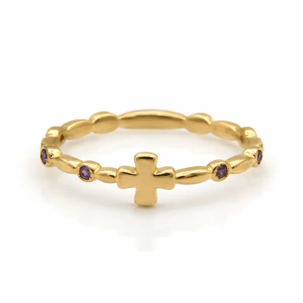 Anillo de oro para mujer 18k diseño básico cruz con 4 circones morados