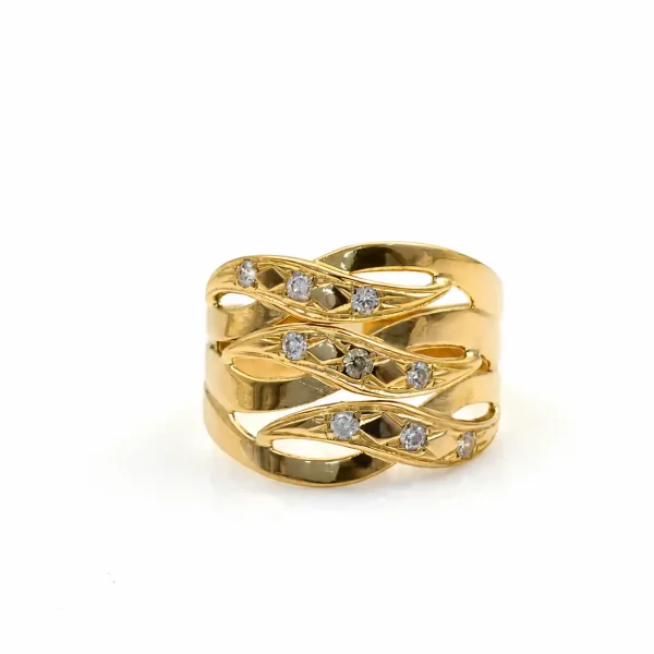 Anillo de oro para mujer 18k diseño calado entrelazado triple con 9 circones transparentes